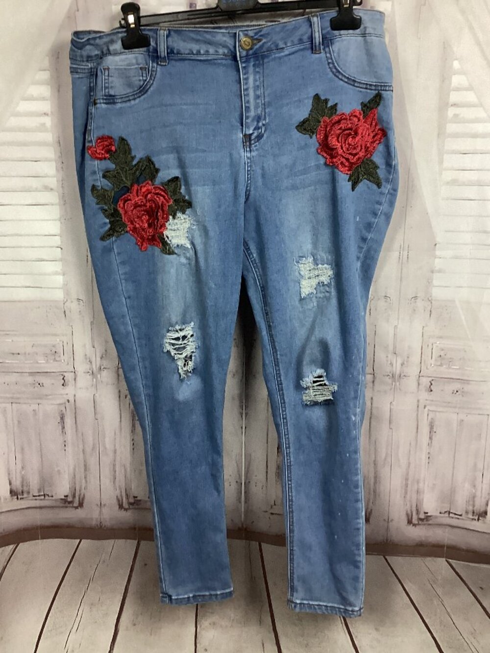 One 5 One Distressed Skinny Jeans Red Rose Embroidery Patch 18 Woman